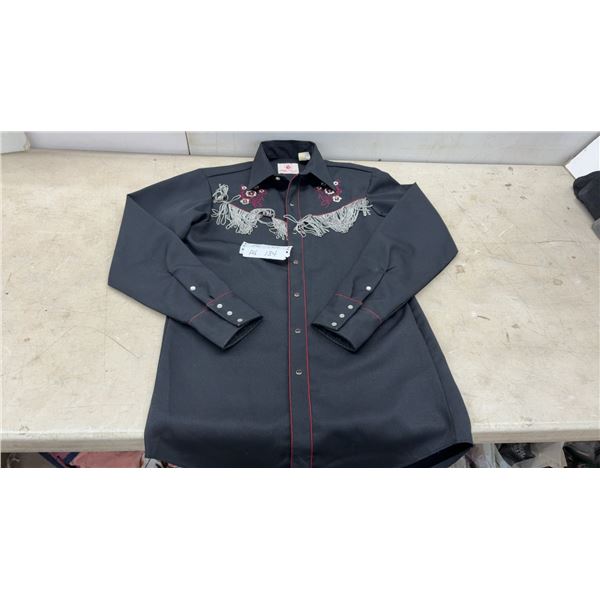 Fancy Black Western Dress Shirt with Fringe and Floral Embroidery, Size Medium