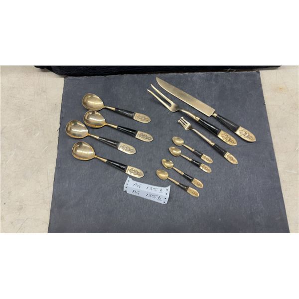 Lot of 11 Mid-Century 1950s Nickel Bronze Wood Handle Siam Thailand Flatware