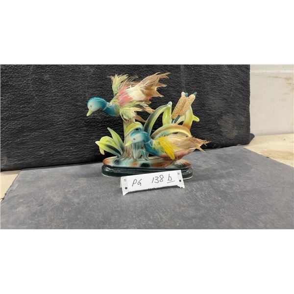 Vintage Japanese Ceramic Mallard Duck Figurines with Real Feathers, 8" H