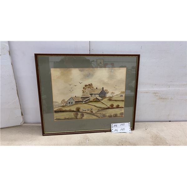 Vintage Watercolor Farm Scene Painting, Framed 16 x 20