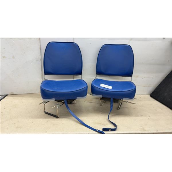 Pair of Blue Vinyl Folding Boat Seats with Stainless Steel Clamp Mounting Bases