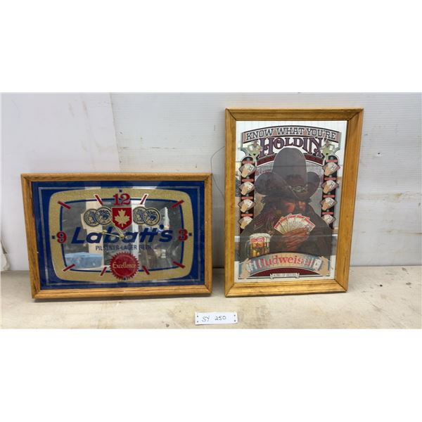 Labatt's Pilsener Lager Beer Mirror Clock and Budweiser Poker Mirror Sign 14 x 20
