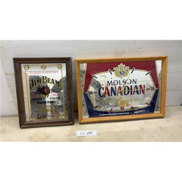Jim Beam and Molson Canadian Clock Advertising Bar Mirrors 14 x 19