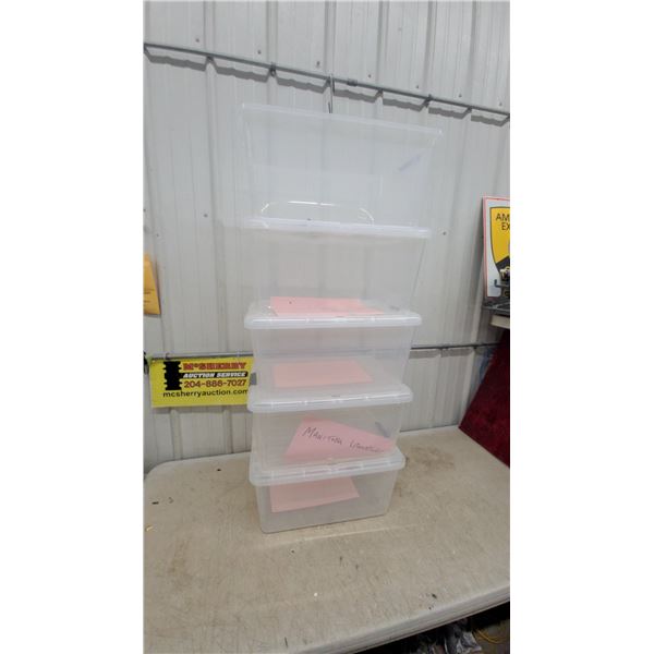 Four Clear Plastic Storage Bins with Lids and Manitoba Literature Contents