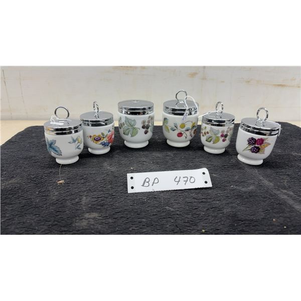 Six Royal Worcester Porcelain Egg Coddlers with Chrome Lids and Recipe Booklet