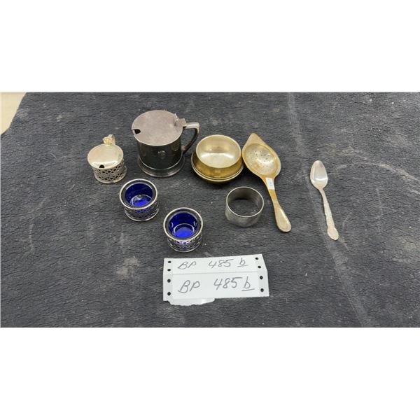 English Pewter Mustard Pot, Cobalt Glass Salt Cellars, Brass Tea Strainer, and More
