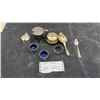 Image 1 : English Pewter Mustard Pot, Cobalt Glass Salt Cellars, Brass Tea Strainer, and More