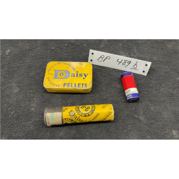 Vintage Daisy Air Gun Ammunition Lot: Pellet Tin, Golden Bullseye Bbs, and Targeteer Shot, 2 with