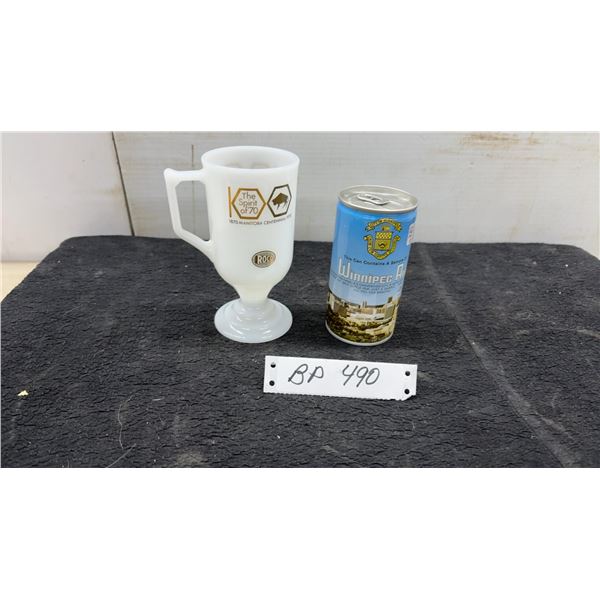 Manitoba Centennial 1970 Roco Milk Glass Pedestal Mug and Winnipeg Air Souvenir Can