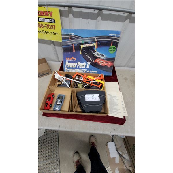Eldon Power Pack 8 1/32 Scale Road Race Set with Two Slot Cars and Accessories