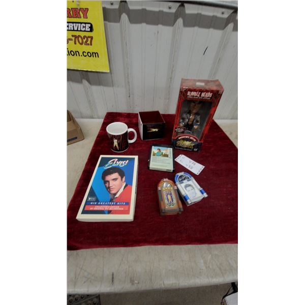 Elvis Presley Memorabilia Lot with Mug, 8-Track, Jukebox Figurines, the Rock Figurine and More