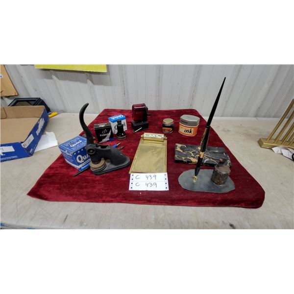 Vintage Desk Set with Cast Iron Seal Press, Parker Quink Ink, Pen Stands,Fountain Pens and More
