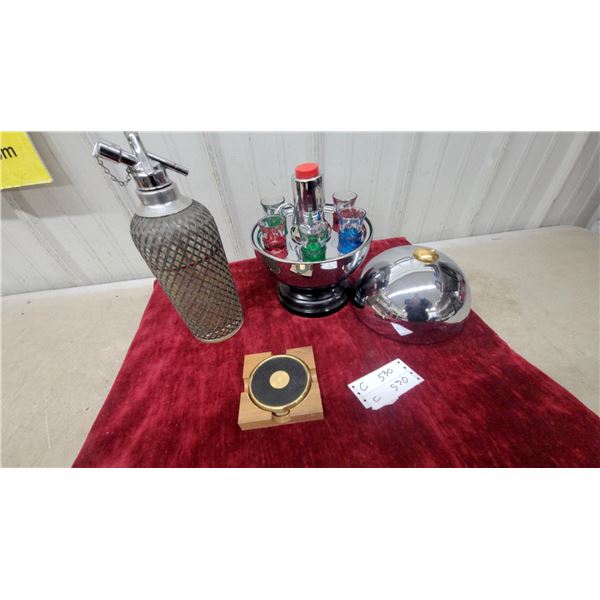 Vintage Chrome Seltzer Bottle, Shot Glass Set with Caddy, Ice Bucket, and More