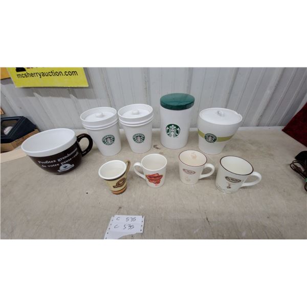 Collection of Starbucks and Tim Hortons Coffee Mugs and Canisters