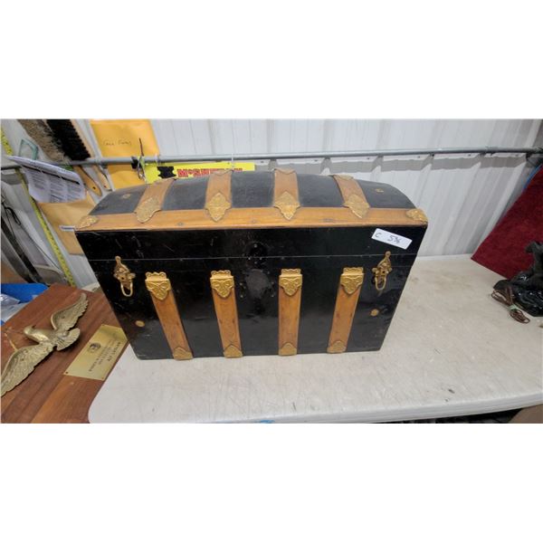 Antique Dome-Top Steamer Trunk with Oak Slats and Brass Hardware 30 x 18 x 16"