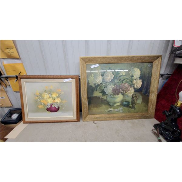 Two Framed Floral Still Life Paintings with Oak Frames Biggest One 29 x 35"