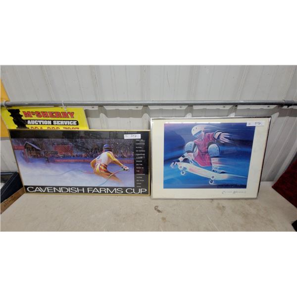 Two Framed Sports Prints Including Cavendish Farms Cup Skiing and Cliff Morris Skateboarding