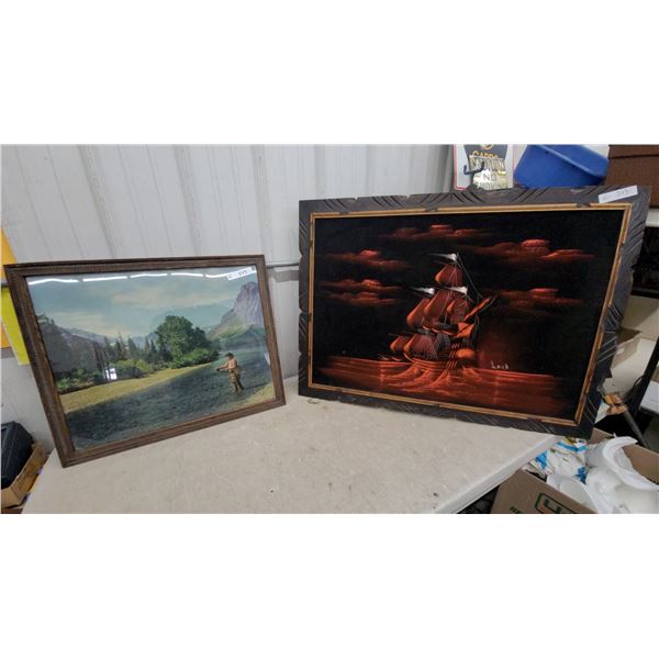 Two Framed Artworks: Landscape Print and Velvet Ship Painting 30 x 39"