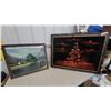 Image 1 : Two Framed Artworks: Landscape Print and Velvet Ship Painting 30 x 39"