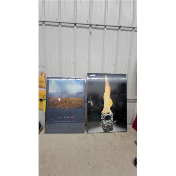 Two Framed Art Prints Including Van Alstine Wyoming Easel Landscape and Ice Cube with Flame Biggest