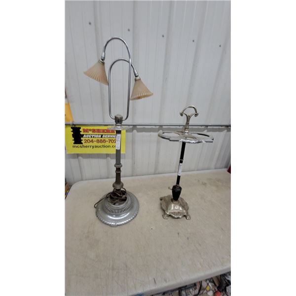 Vintage Chrome Double-Arm Table Lamp with Glass Shades and Decorative Smoking Stand Not Complete