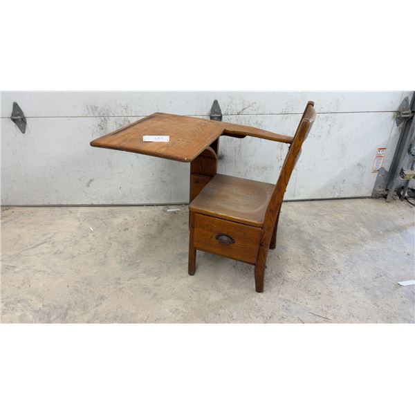Antique Oak School Desk with Attached Chair and Under-Seat Storage Compartment