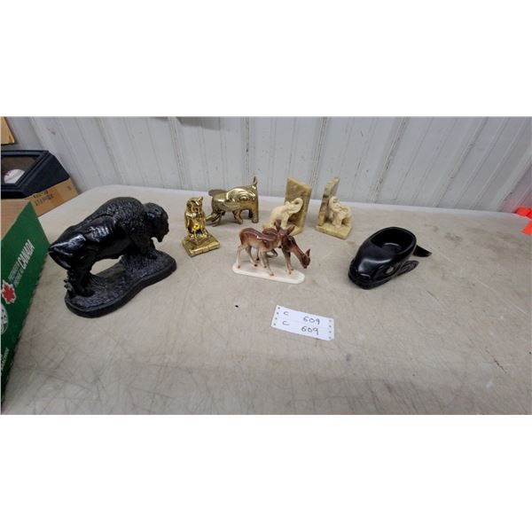 Collection of Animal Figurines Book Ends Including Elephants, Buffalo, Deer, and Raven
