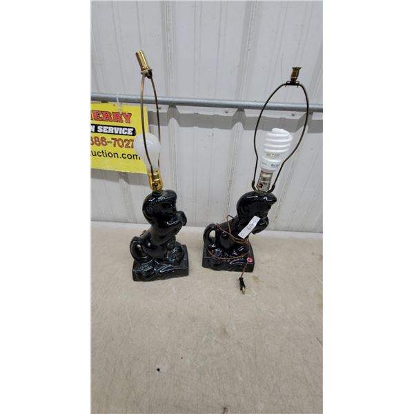 Pair of Black Ceramic Rearing Horse Table Lamps Vintage