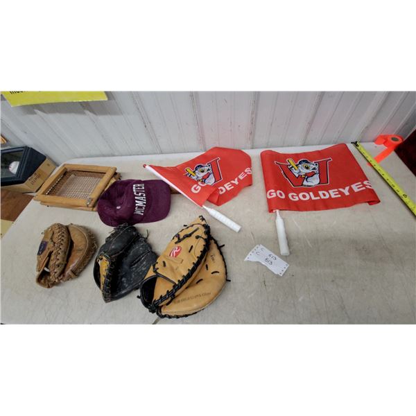 Vintage Baseball Gloves, McMaster Cap, Goldeyes Flags, Wood Tennis Racket with Press, and More