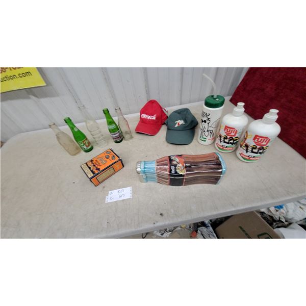 Coca-Cola and 7UP Collectibles: Bottles, Hats, Bottles, and More