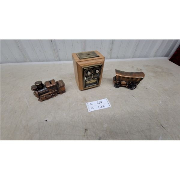 Vintage Post Office Lockbox Bank and Covered Wagon and Train Coin Banks