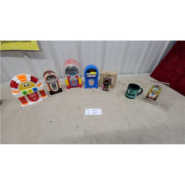 Jukebox Collectibles Including Toy Banks, Ceramic Mug, Embroidered Patch, and More