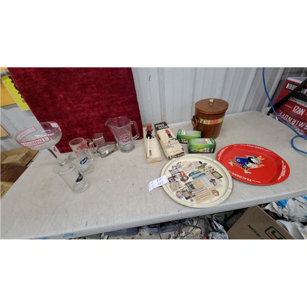 Vintage Barware Lot with Kelvinator Tray, Teacher's Scotch Tray, Beer Glasses, Pour Matic and More