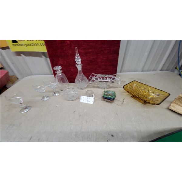 Crystal and Glass Lot with Decanter, Stemware, Lace Edge Basket, Amber Dish, and More