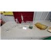 Image 1 : Crystal and Glass Lot with Decanter, Stemware, Lace Edge Basket, Amber Dish, and More