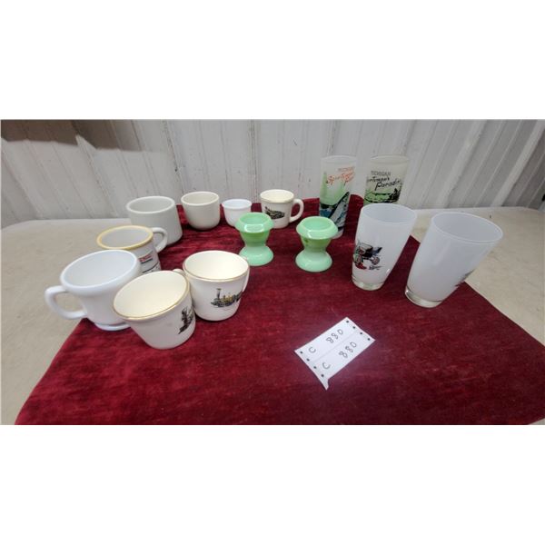 Jadeite Egg Cups, Michigan Sportsman's Paradise Glasses, Vintage Train Mugs, and More