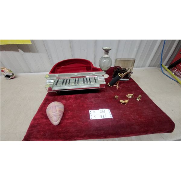 Mirrored Piano-Shaped Jewelry Box with Carved Stone Face Mask and More