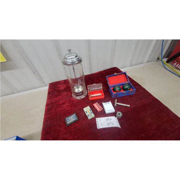 Vintage Barbershop Jar, Safety Razors, Gillette Blue Blades, Baoding Balls, and More