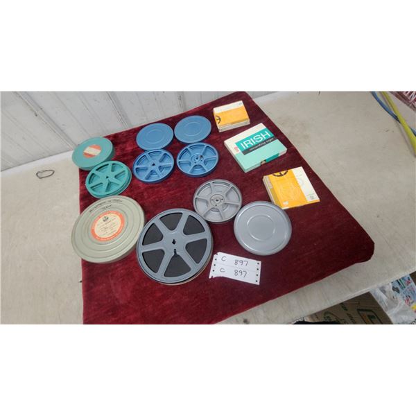 Collection of 16mm Film Reels, Cases, and Irish Recording Tape Silent Film Elizbeth Is Queen and