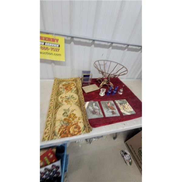 Vintage Floral Tapestry Runner, Painted Slate Tiles, Blue Glass Bottles, and More