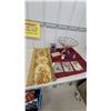 Image 1 : Vintage Floral Tapestry Runner, Painted Slate Tiles, Blue Glass Bottles, and More
