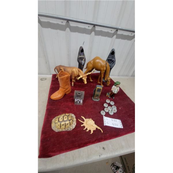 Collection of Decorative Figurines, Leather Animals, Seashell, Turtle Shell, and More