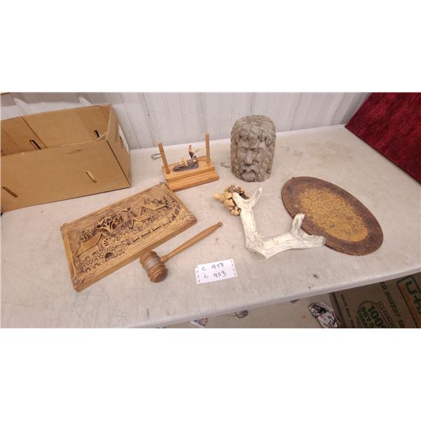 Carved Wood Folk Art Collection Including Village Scene Plaque, Rooster, Gavel, and More