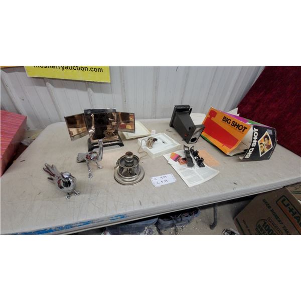Polaroid Big Shot Portrait Land Camera, Chrome Bird Figurines, Lamp Base, and More