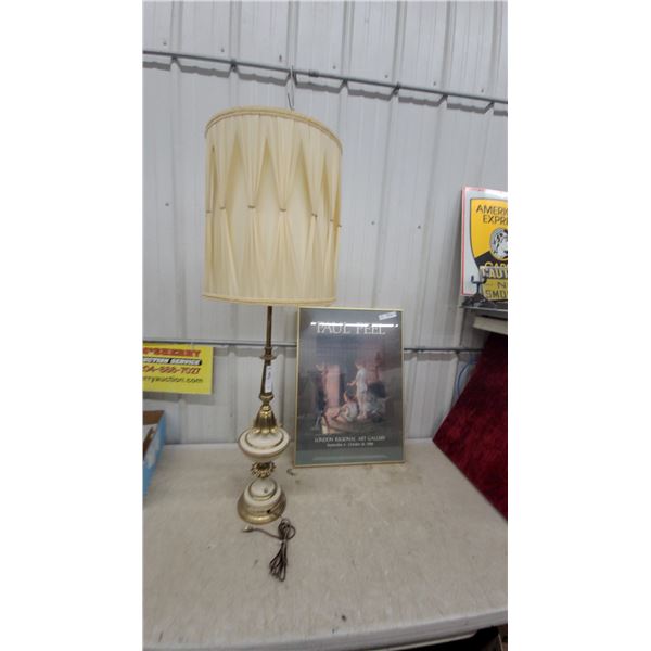 MCM Vintage Brass and Enamel Table Lamp with Shade and Paul Peel Art Gallery Framed Poster