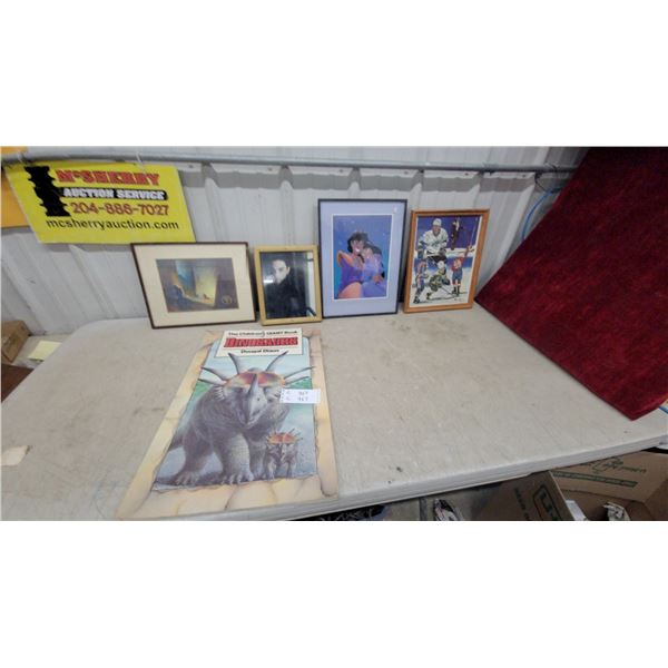 Framed Prints Including Wayne Gretzky Hockey, Disney Aladdin, Dinosaur Book, and More