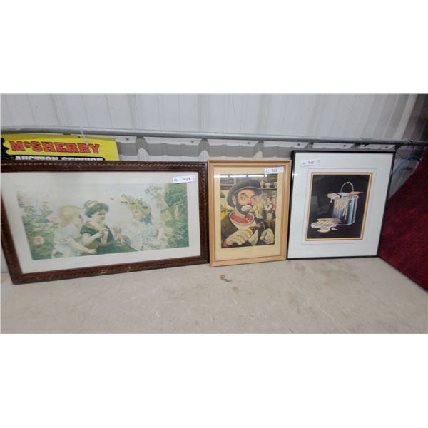 Three Framed Prints: Victorian Scene, Clown "Nineteenth Hole," and Paint Can Biggest 17 x 28"
