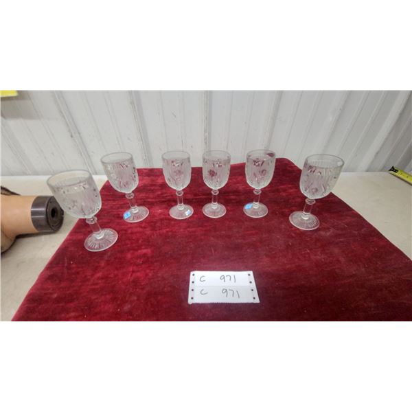Set of Eight Pressed Glass Wine Goblets with Rose Motif Irish Herringbone