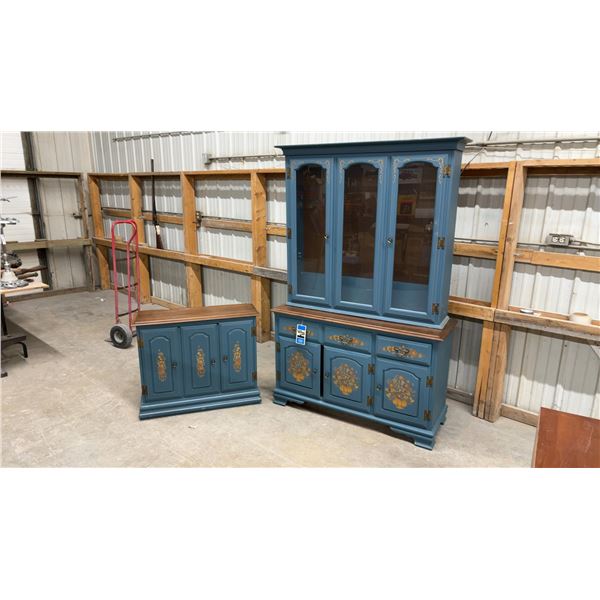 Vilas Canadian Blue Painted 2pc China Cabinet 15-1/2 x 77 x 18 with Matching Server 13 x 36 x 30