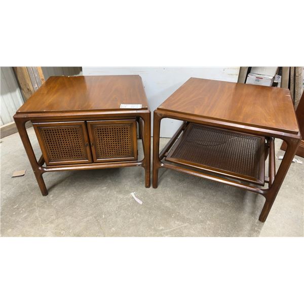 Pair of Mid-Century Walnut End Tables with Cane Door Panels and Lower Shelf 26 x 26 x 21